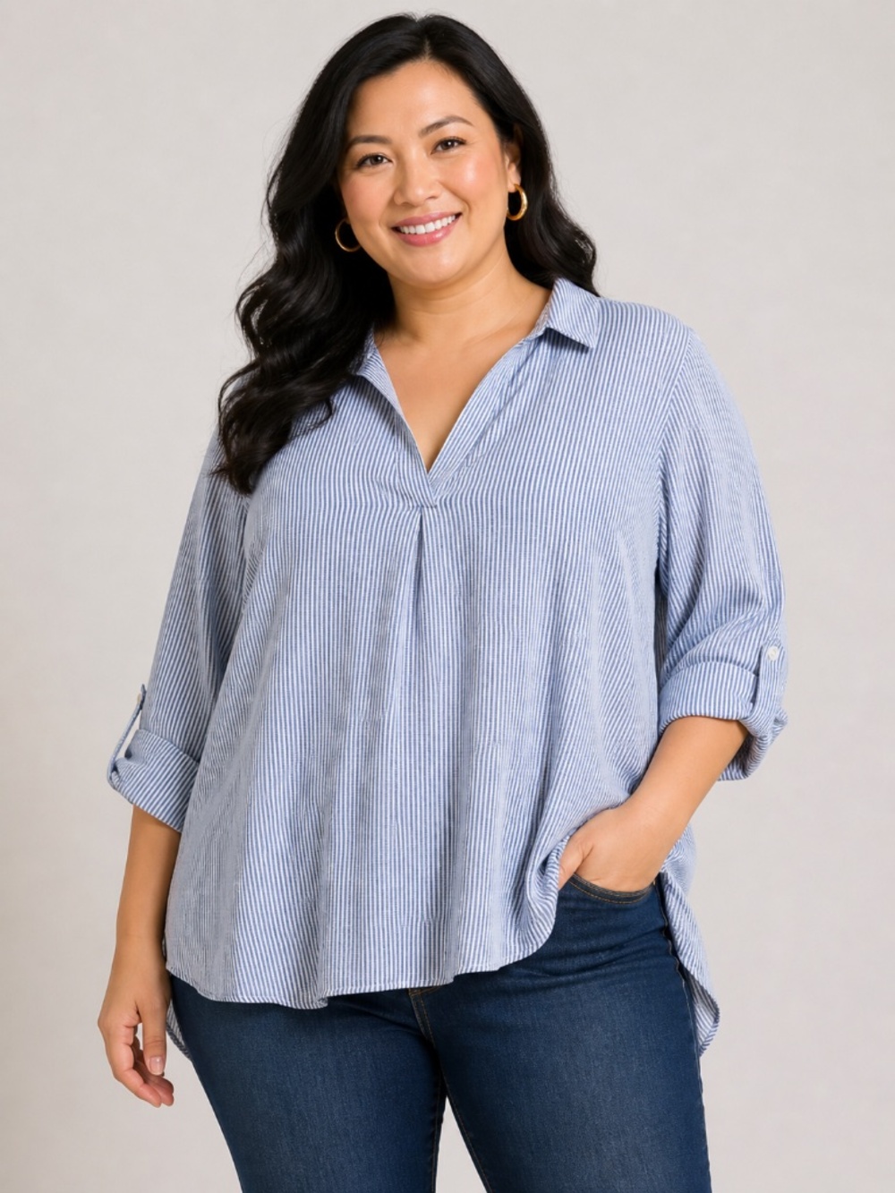 JNY Jones New York 3X Blue/White Striped Blouse/Top - Collared -Roll Tab Sleeves